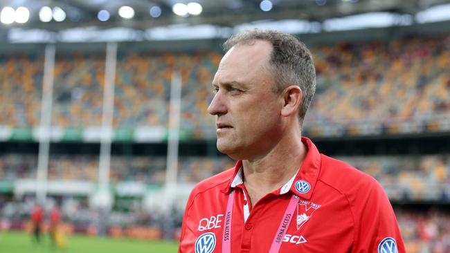 Swans coach John Longmire looks on during the round seven AFL match between the Brisbane Lions and the Sydney Swans at The Gabba on May 04, 2019 in Brisbane, Australia. (Photo by Chris Hyde/Getty Images)