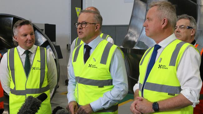 Climate Change Minister Chris Bowen, left, with Anthony Albanese and Tasmanian Premier Jeremy Rockliff visit Hydro at Cambridge, Tasmania on Wednesday. Picture: David Killick