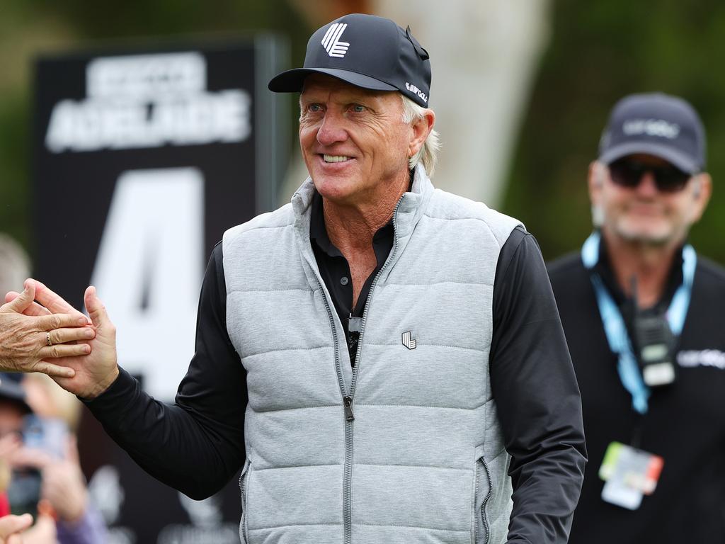 ADELAIDE, AUSTRALIA – APRIL 26: Greg Norman greets fans on the 4th tee during LIV Adelaide at The Grange Golf Club on April 26, 2024 in Adelaide, Australia. (Photo by Sarah Reed/Getty Images)