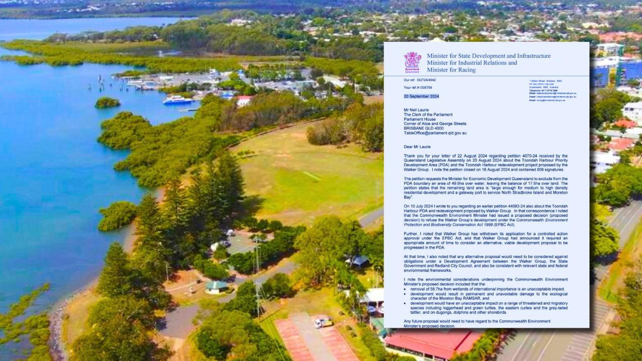 State Development Minister Grace Grace has informed parliamentary clerk Neil Laurie that the Toondah Harbour water boundaries will be reviewed.