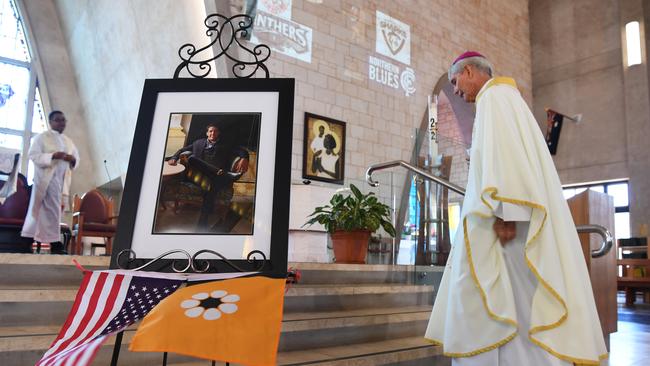 Bishop Eugene Hurley leads the funeral service for Alexander Aurrichio at the St Mary’s Star of the Sea Cathedral. Picture: Katrina Bridgeford.