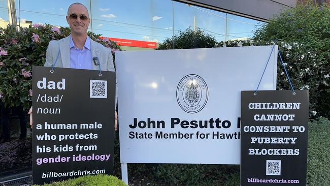 Canadian activist "Billboard Chris" Elston outside Victorian opposition leader John Pesutto's office.