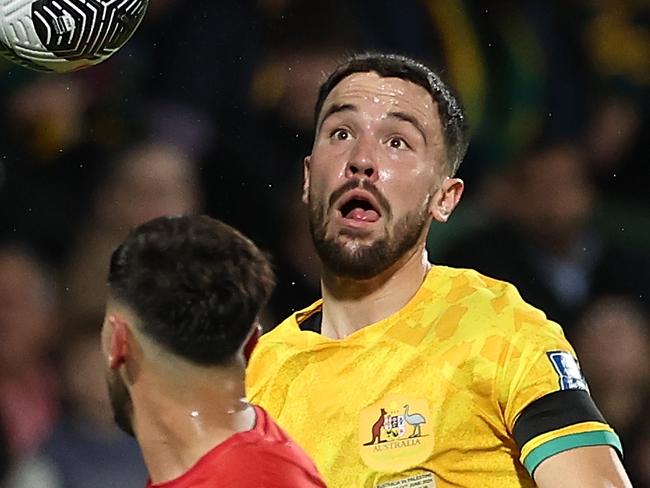 PERTH, AUSTRALIA - JUNE 11: Apostolos Stamatelopoulos of Australia in action during the Second Round FIFA World Cup 2026 Qualifier match between Australia Socceroos and Palestine at HBF Park on June 11, 2024 in Perth, Australia. (Photo by Paul Kane/Getty Images)