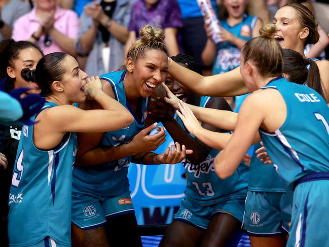 MELBOURNE, AUSTRALIA - MARCH 17: Mercedes Russell of the Flyers is named MVP after winning the WNBL Championship during the WNBL Grand Final series between Southside Flyers and Perth Lynx at Melbourne Sports Centre Parkville, on March 17, 2024, in Melbourne, Australia. (Photo by Kelly Defina/Getty Images) (Photo by Kelly Defina/Getty Images)