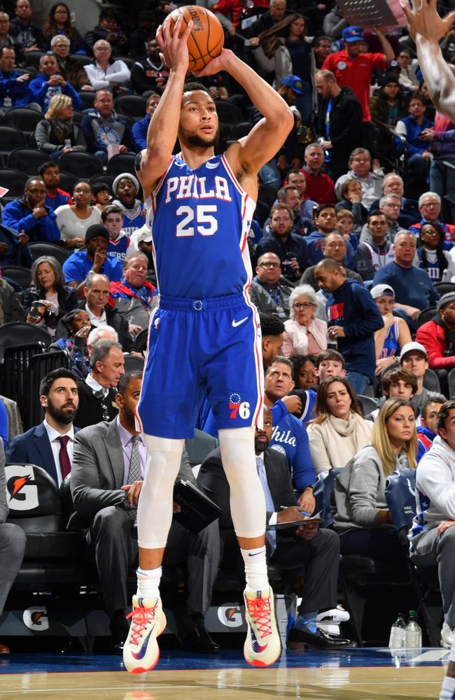 Ben Simmons made his first career NBA three pointer against the Knicks. Picture: NBAE/Getty Images