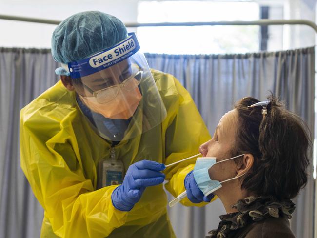 A patient getting a COVID test at Northern Beaches Hospital. Picture: Matthew Vasilescu