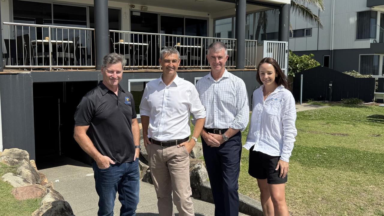 LNP funding announcement at Palm Beach Surf Life Saving Club on the first day of the 2024 state election campaign (L-R) Palm Beach SLSC president Andrew Gault, Burleigh candidate Hermann Vorster, Shadow spokes spokesman Tim Mander and Palm Beach SLSC general manager Lana Ireland. Picture: Andrew Potts