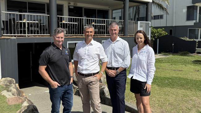 LNP funding announcement at Palm Beach Surf Life Saving Club on the first day of the 2024 state election campaign (L-R) Palm Beach SLSC president Andrew Gault, Burleigh candidate Hermann Vorster, Shadow spokes spokesman Tim Mander and Palm Beach SLSC general manager Lana Ireland. Picture: Andrew Potts