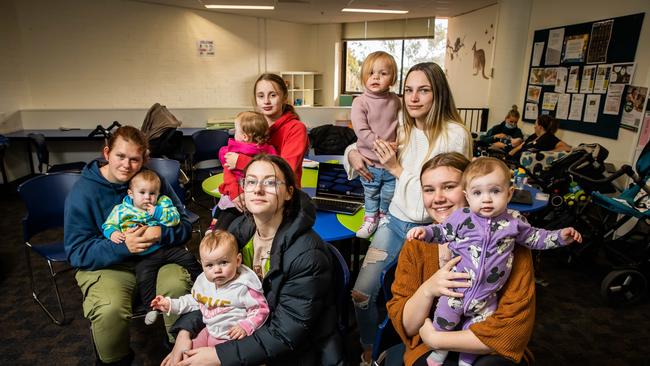 Christies Beach High School students Elizabeth, Sophie, Britney, Yasmin and Savannah are five of about 30 young mums currently enrolled in the Young Mum’s Program. Picture: Tom Huntley