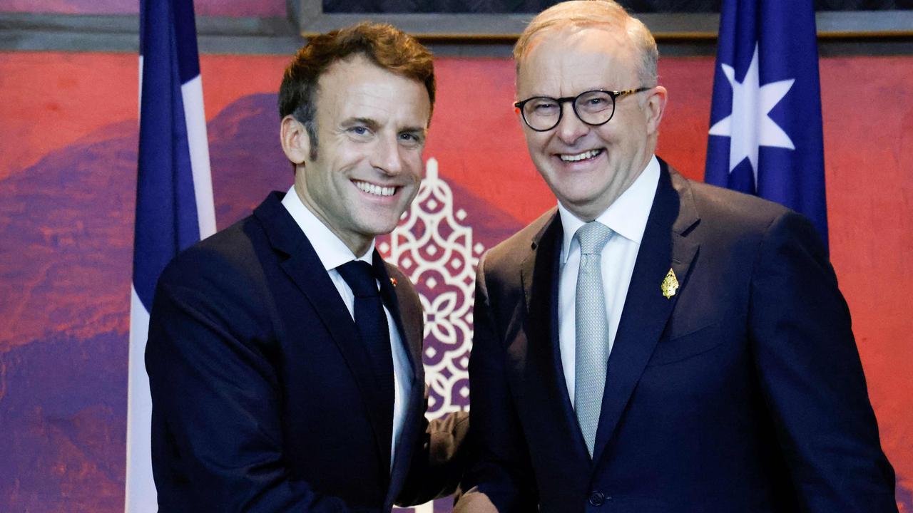 Emmanuel Macron meets Anthony Albanese at the G20 Summit in Nusa Dua on the Indonesian resort island of Bali on November 16, 2022. Picture: AFP