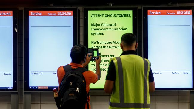 Vacant boards greeted passengers as they tried to make sense of the chaos. Picture: NCA NewsWire / Nikki Short