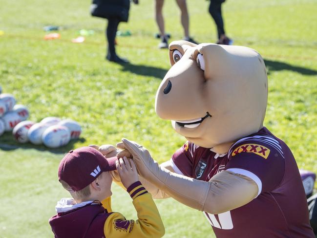 Reuben Brodribb interacting with the Queensland Maroons mascot fan day at Toowoomba Sports Ground, Tuesday, June 18, 2024. Picture: Kevin Farmer