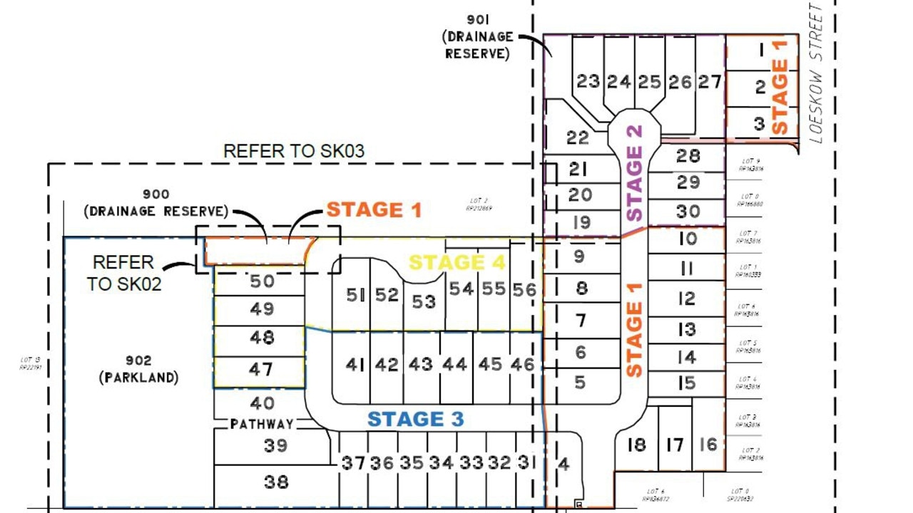 A development application is being considered by Bundaberg Regional Council to reconfigure a 6.6ha parcel of land into 56 housing blocks at 23 Loeskow Street, Bundaberg North.