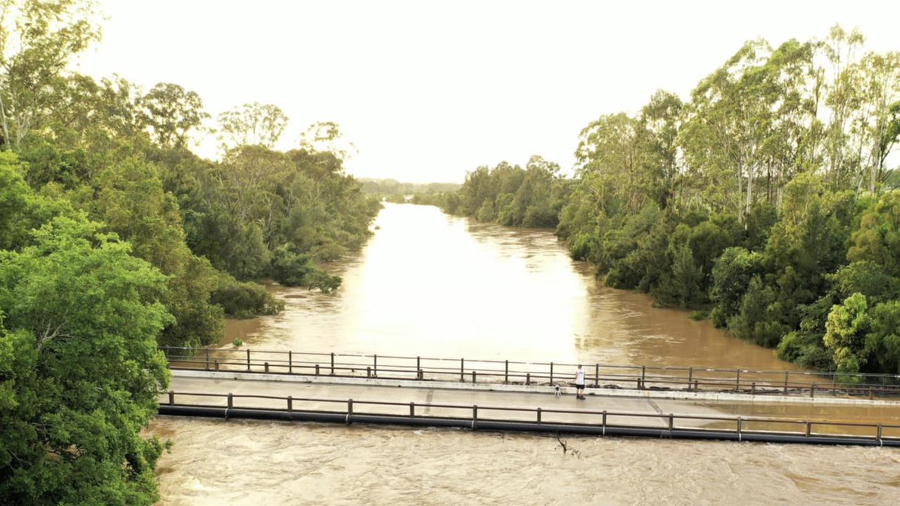 The Mary River at Kidd Bridge Gympie was at 10m and holding steady about 5.30am on Wednesday after torrential rain. Photo: Infinity Flights Photography