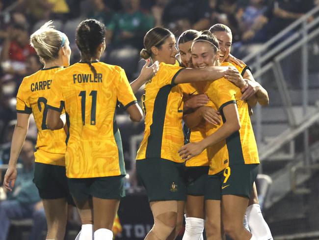 SAN ANTONIO, TX - APRIL 7: Caitlin Ford #9 of Australia celebrates her goal against Mexico in the second half at Toyota field on April 7, 2024 in San Antonio, Texas. (Photo by Ronald Cortes/Getty Images)