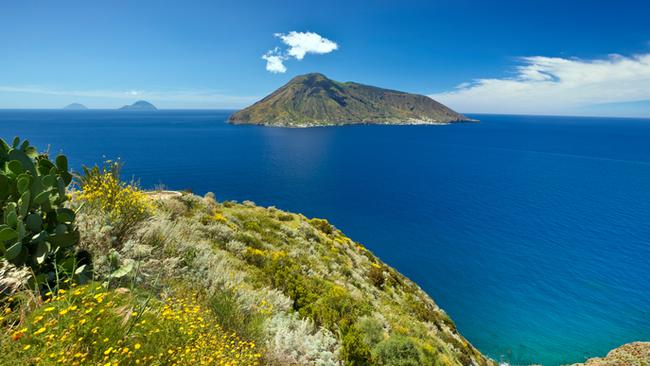 View from Lipari island on Salina, Filicudi and Alicudi islands.