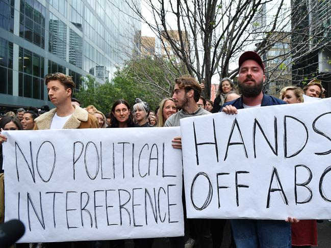 ABC staff hold a meeting outside their offices in Ultimo. Picture: AAP Image/Joel Carrett