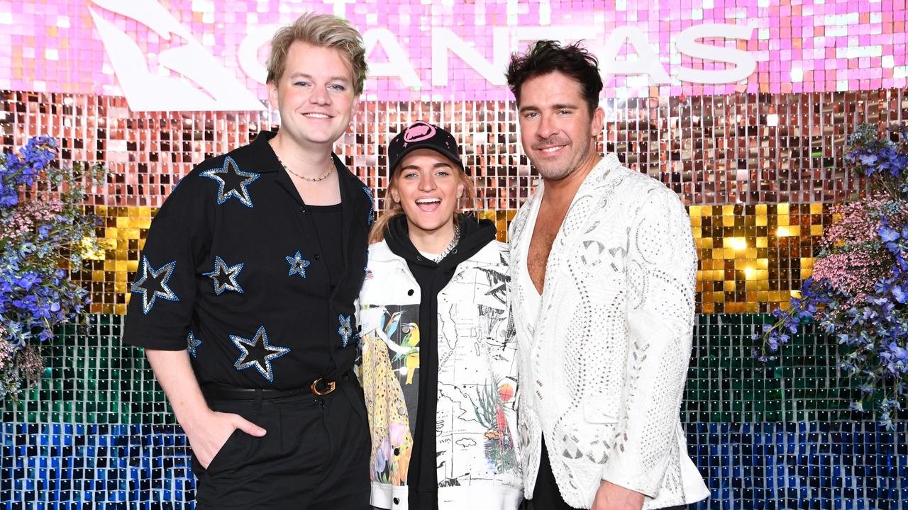 Joel Creasey, G-Flip and Hugh Sheridan attend the pre-flight event in the Qantas First lounge at LAX International Airport on February 22, 2023 in Los Angeles, California. Picture: James D. Morgan/Getty Images for Qantas