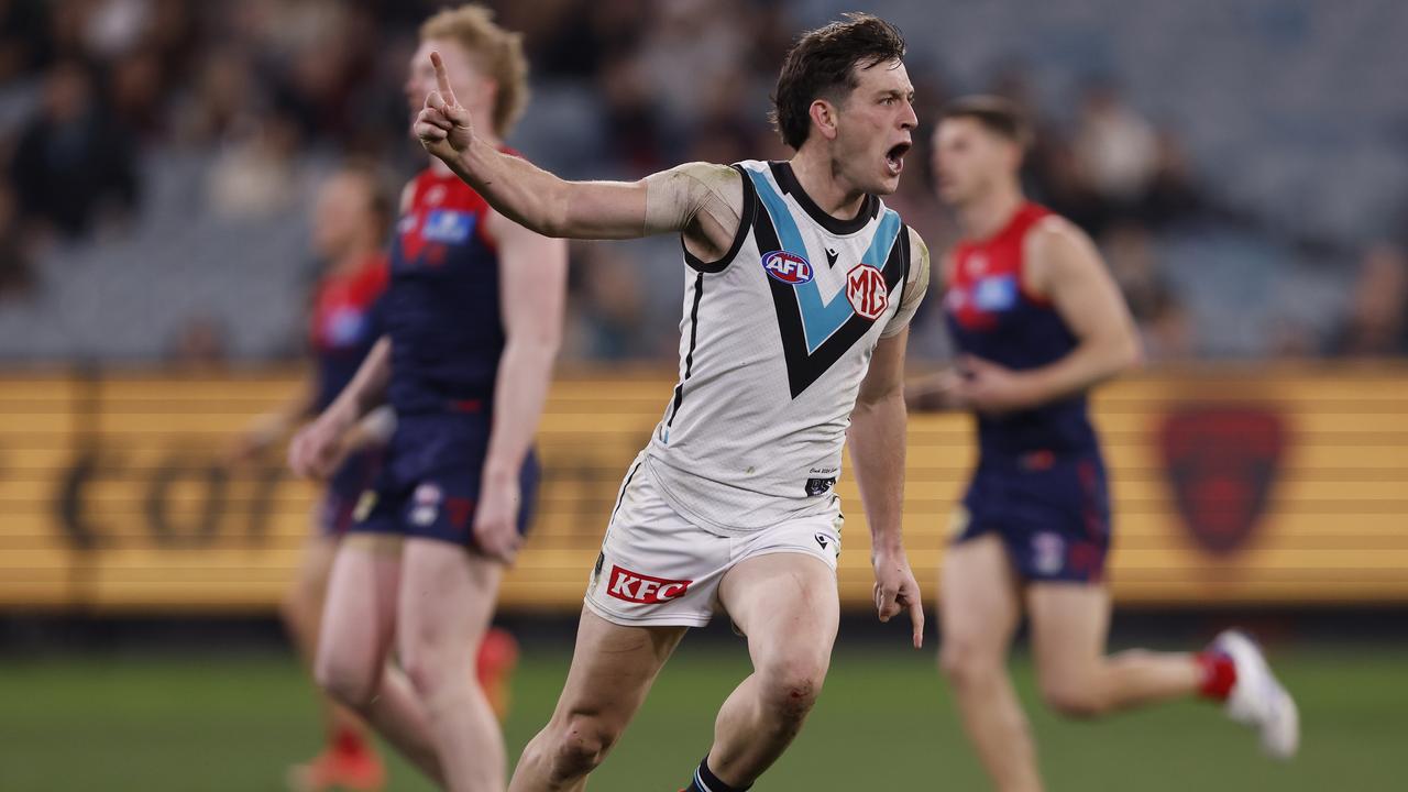 MELBOURNE, AUSTRALIA - AUGUST 10: Zak Butters of the Power celebrates a goal during the round 22 AFL match between Melbourne Demons and Port Adelaide Power at Melbourne Cricket Ground, on August 10, 2024, in Melbourne, Australia. (Photo by Darrian Traynor/AFL Photos/via Getty Images)