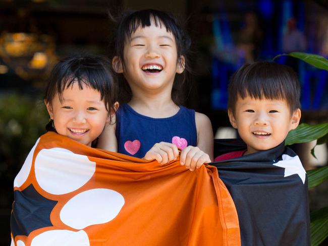 Liz Liu 4 , Sophia Shen, 6, and Nicolas Shen, 3, celebrated Territory Day 2020 at the Darwin Waterfront. Picture: Glenn Campbell