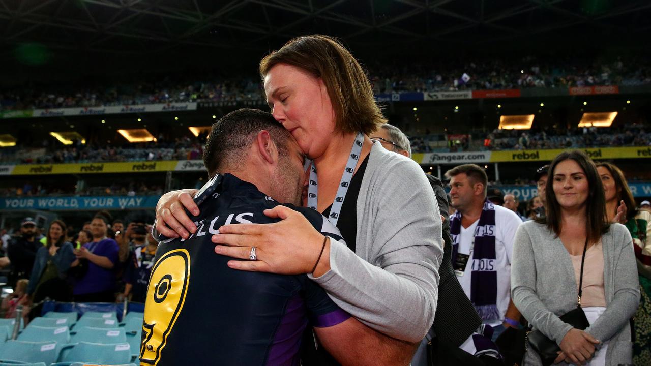 Cameron Smith celebrates with his wife Barb after winning the 2017 NRL Grand Final. Picture: Adam Head