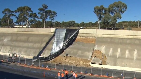 A collapsed concrete barrier at the Darlington Upgrade Project. Picture: 7 News 