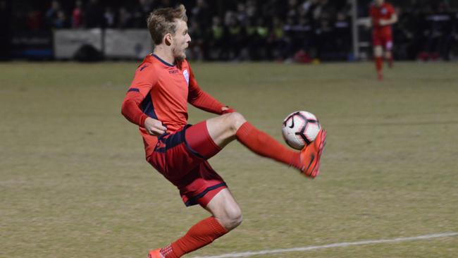 Adelaide United winger Ben Halloran controls the ball during the Reds’ friendly win over NPL SA side MetroStars. Picture: Brenton Edwards