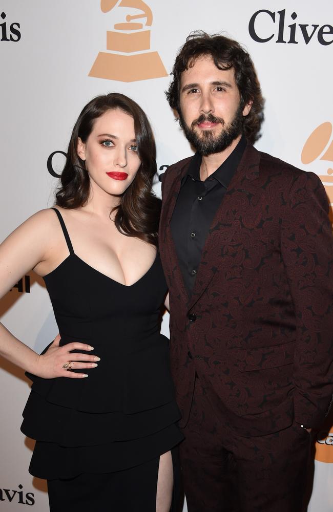 Committed: Singer Josh Groban and girlfriend Kat Dennings arrive for the Clive Davis &amp; The Recording Academy's 2016 Pre-Grammy Gala. Picture: AFP / Mark Ralston