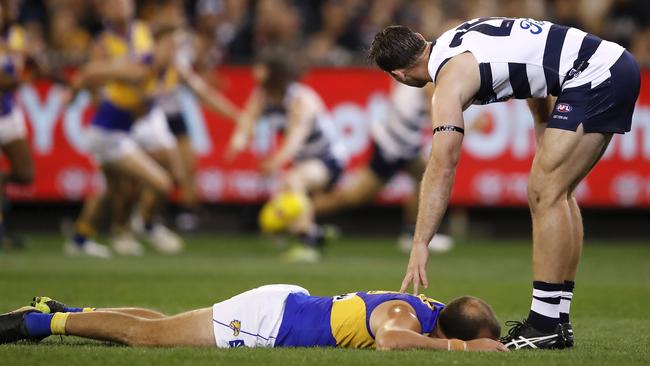 MELBOURNE, AUSTRALIA - SEPTEMBER 13: Tom Hawkins of the Cats checks on Will Schofield of the Eagles who lays injured during the 2019 AFL First Semi Final match between the Geelong Cats and the West Coast Eagles at the Melbourne Cricket Ground on September 13, 2019 in Melbourne, Australia. (Photo by Dylan Burns/AFL Photos via Getty Images)