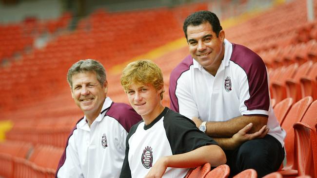 Gene Miles, left, and Mal Meninga, right, with Joel Lindner, the son of the great Bob Linder who is featured in the BRL team of the 1980s. Pic Peter Wallis