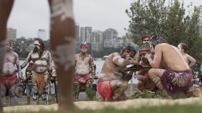 A Welcome to Country and a smoking ceremony is performed at the Wugulora Ceremony at Barangarooin Sydney. Picture: Getty Images