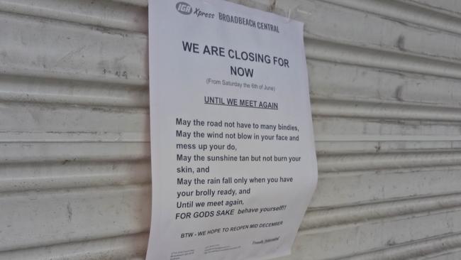 The Broadbeach Central IGA Express store has closed down in Broadbeach. The note posted to the door.