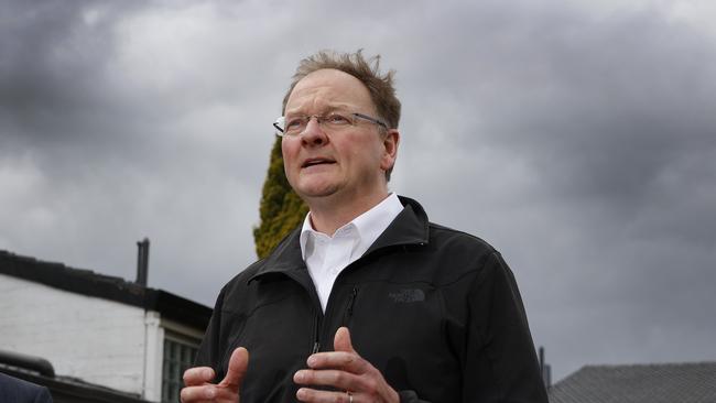 Minister for Housing Roger Jaensch speaks to the media about the purchase of Balmoral Motor Inn in Goodwood for accommodation for those in need. Picture: Zak Simmonds