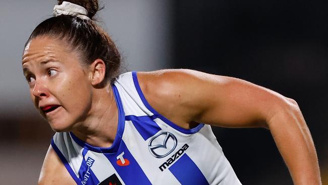 North Melbourne captain Emma Kearney will miss the rest of the home and away season after suffering a high grade hamstring injury in Launceston on Sunday. Picture: Dylan Burns / Getty Images