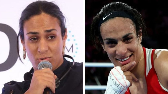 Imane Khelif in and out of the ring. Photos: AFP/Getty Images