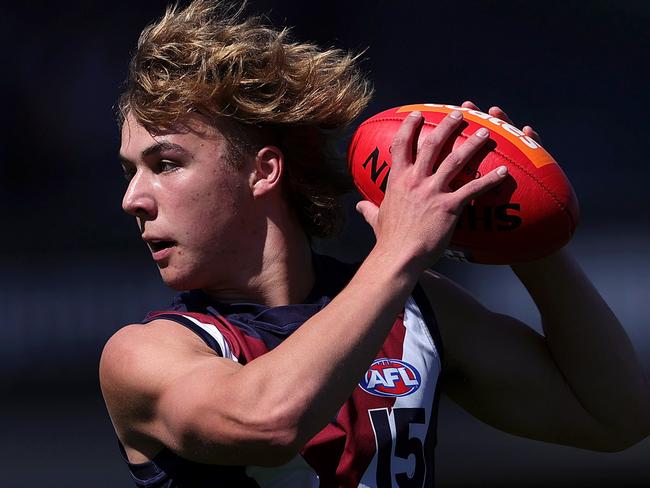 MELBOURNE, AUSTRALIA - SEPTEMBER 24: Ryley Sanders of the Dragons marks the ball during the Coates Talent League Boys Grand Final match between Sandringham Dragons  and Eastern Ranges at Ikon Park on September 24, 2023 in Melbourne, Australia. (Photo by Kelly Defina/AFL Photos/via Getty Images)