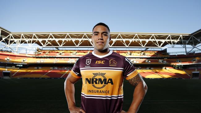 ***EMBARGOED UNTIL NOV 8th*** Brisbane Bronco Joe Ofahengaue posing with the new 2019 Jersey at Suncorp Stadium, Brisbane 30th of October 2018. (AAP Image/Josh Woning)