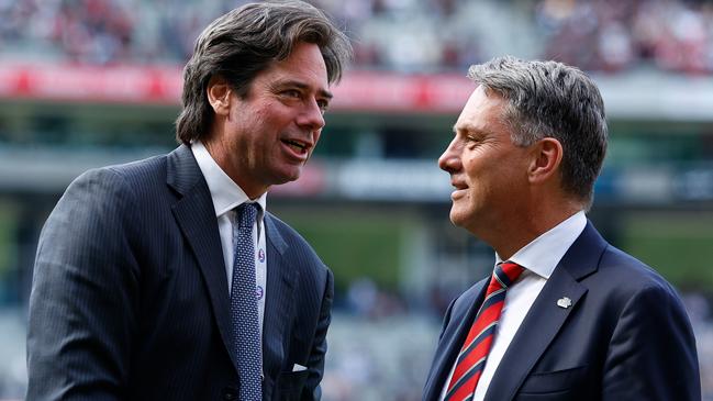 AFL chief Gillon McLachlan and Deputy Prime Minister Richard Marles at Tuesday’s Collingwood versus Essendon ANZAC day match. Picture: Getty Images