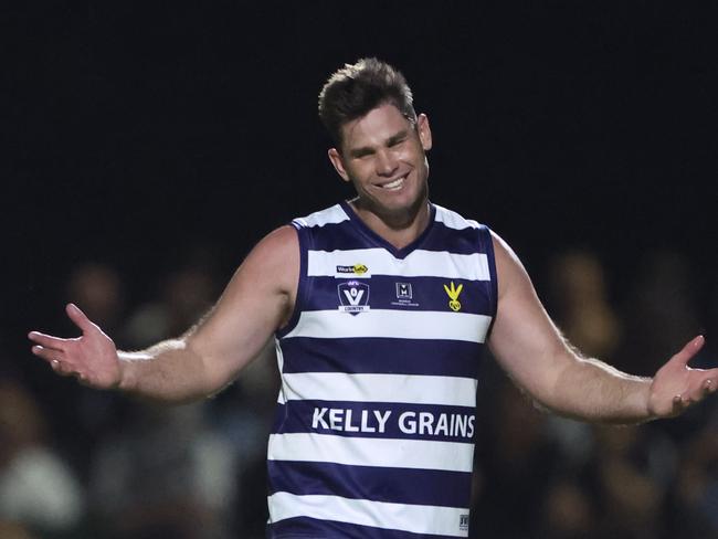 Friday 18 April 2025. Former Geelong AFL player Tom Hawkins plays with the Finley Cats senior football team against Deniliquin Rams, at the Finley Recreation Reserve in Finley, NSW.   Picture: Alex Coppel.