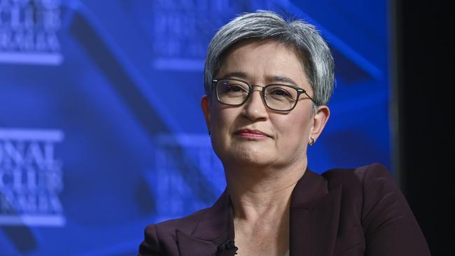 Foreign Minister Penny Wong at the National Press Club in Canberra on Monday. Picture: NCA NewsWire / Martin Ollman