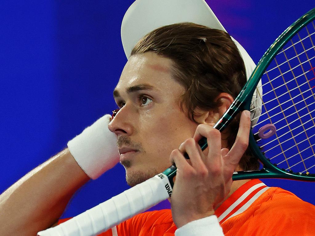 MELBOURNE, JANUARY 21, 2024: 2024 Australian Open Tennis – Alex de Minaur reacts against Andrey Rublev during their fourth round singles match on Rod Laver Arena. Picture: Mark Stewart