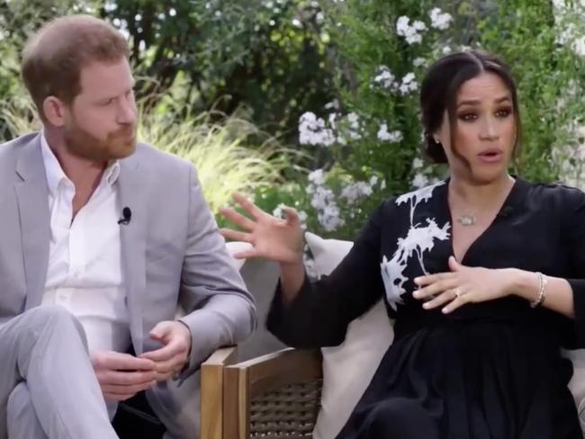 Harry and Meghan seen during interview with Oprah Winfrey. Picture: CBS