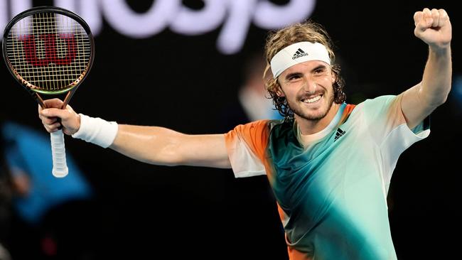 A smile from Greece’s Stefanos Tsitsipas as he books his place in the final four. Picture: AFP