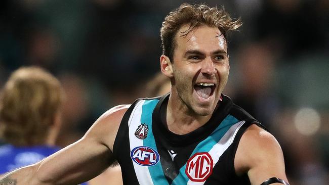 ADELAIDE, AUSTRALIA - APRIL 23: Jeremy Finlayson of the Power celebrates a goal during the 2022 AFL Round 06 match between the Port Adelaide Power and the West Coast Eagles at Adelaide Oval on April 23, 2022 in Adelaide, Australia. (Photo by Sarah Reed/AFL Photos via Getty Images)