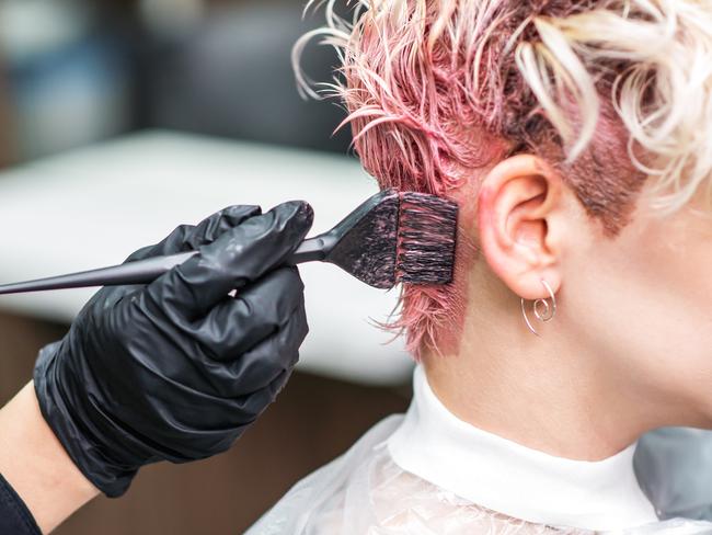 The professional hairdresser uses a brush to apply the pink dye to the hair. Hair coloring concept.