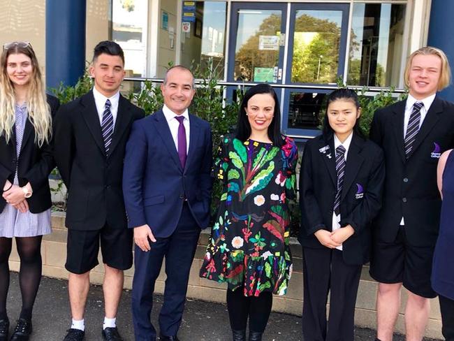 State education minister James Merlino and Pascoe Vale MP Lizzie Blandthorn with students and staff at Glenroy College