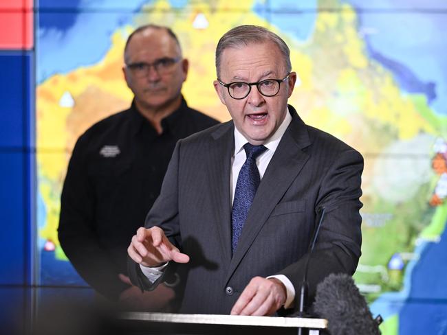 CANBERRA, AUSTRALIA  - NewsWire Photos - MARCH 6 2025: Prime Minister Anthony Albanese and National Emergency Management Agency Deputy Coordinator-General, Joe Buffone hold a media briefing in the National Situation Room (NEMA) in Canberra. Picture: NewsWire / Martin Ollman