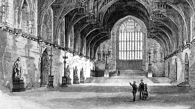 London, England, UK --- Originally a Norman building, constructed between 1097-1099, Westminster Hall was rebuilt in the 1390s and features a hammerbeam roof. It is the oldest extant building on the Palace of Westminster site. Engraving from 1900. --- Image by © The Print Collector/Corbis