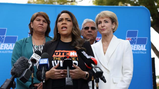 Senators Kerrynne Liddle and Jacinta Nampijinpa Price, Warren Mundine Senator Michaelia Cash hold a press conference before attending a No campaign event in Perth. Picture: WA Liberals