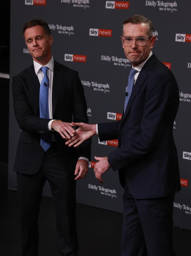 While the pair may have looked uncomfortable in some photographs, both were sure to tell the audience they liked their opponent as a person – simply not their policies. Picture: Justin Lloyd.